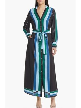 chinese dress ladies Printed Tie Neck Long Sleeve Maxi Dress Air Force Blue / S